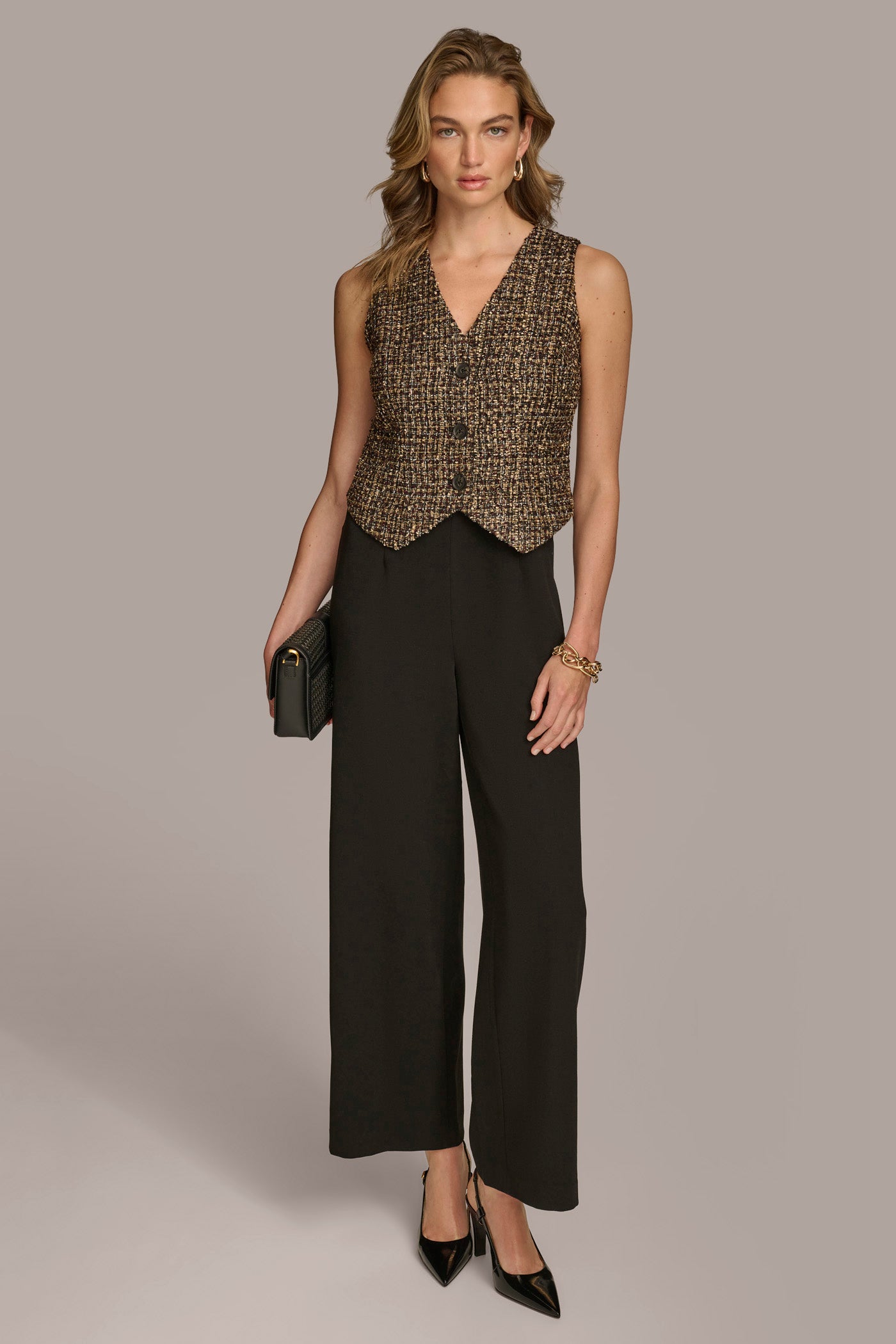 (image for) ELEGANT V NECK TWEED VEST TOP JUMPSUIT